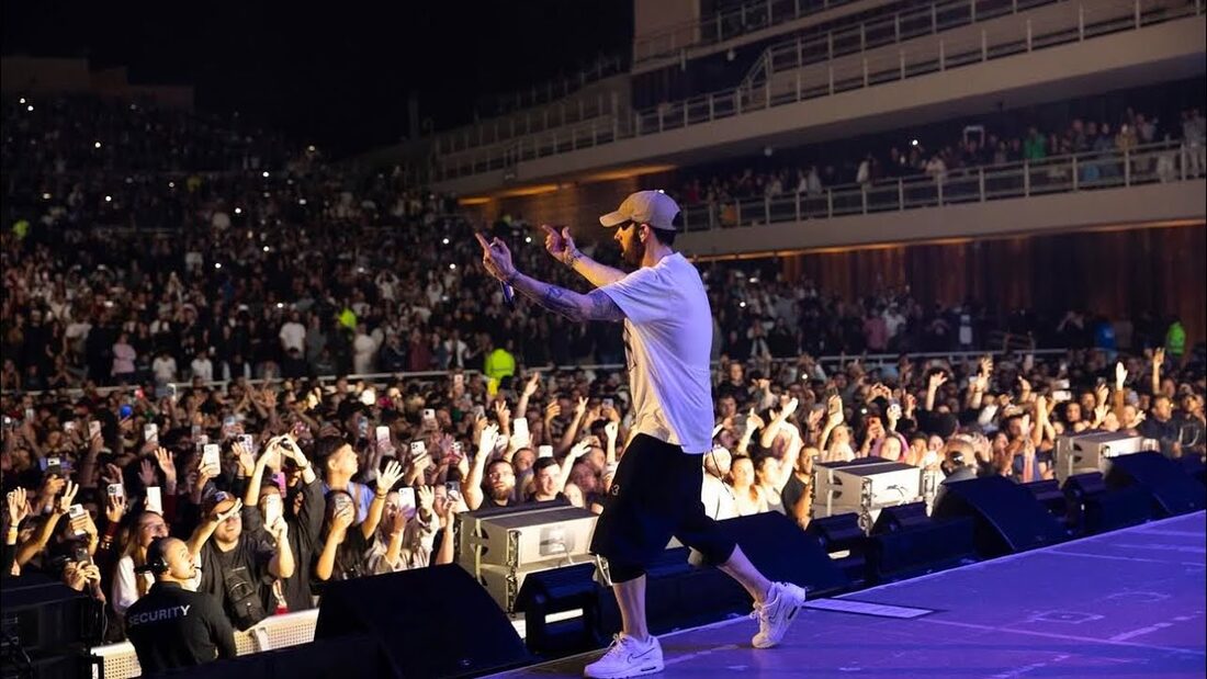Eminem on the catwalk in front of the Al Dana crowd