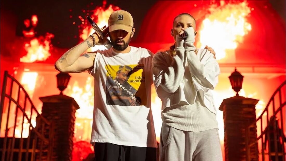 Eminem and Skylar Grey on stage with pyro